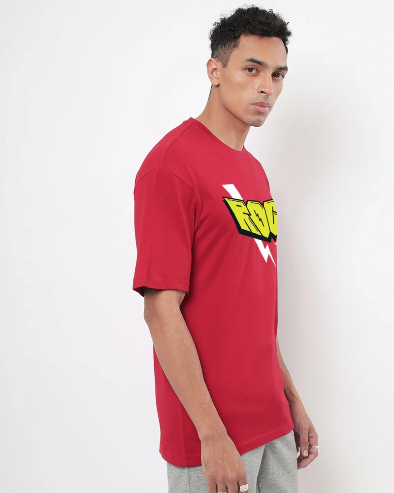 بيواكوف Men's Bold Red Rock Stage Typography Oversized T-shirt
